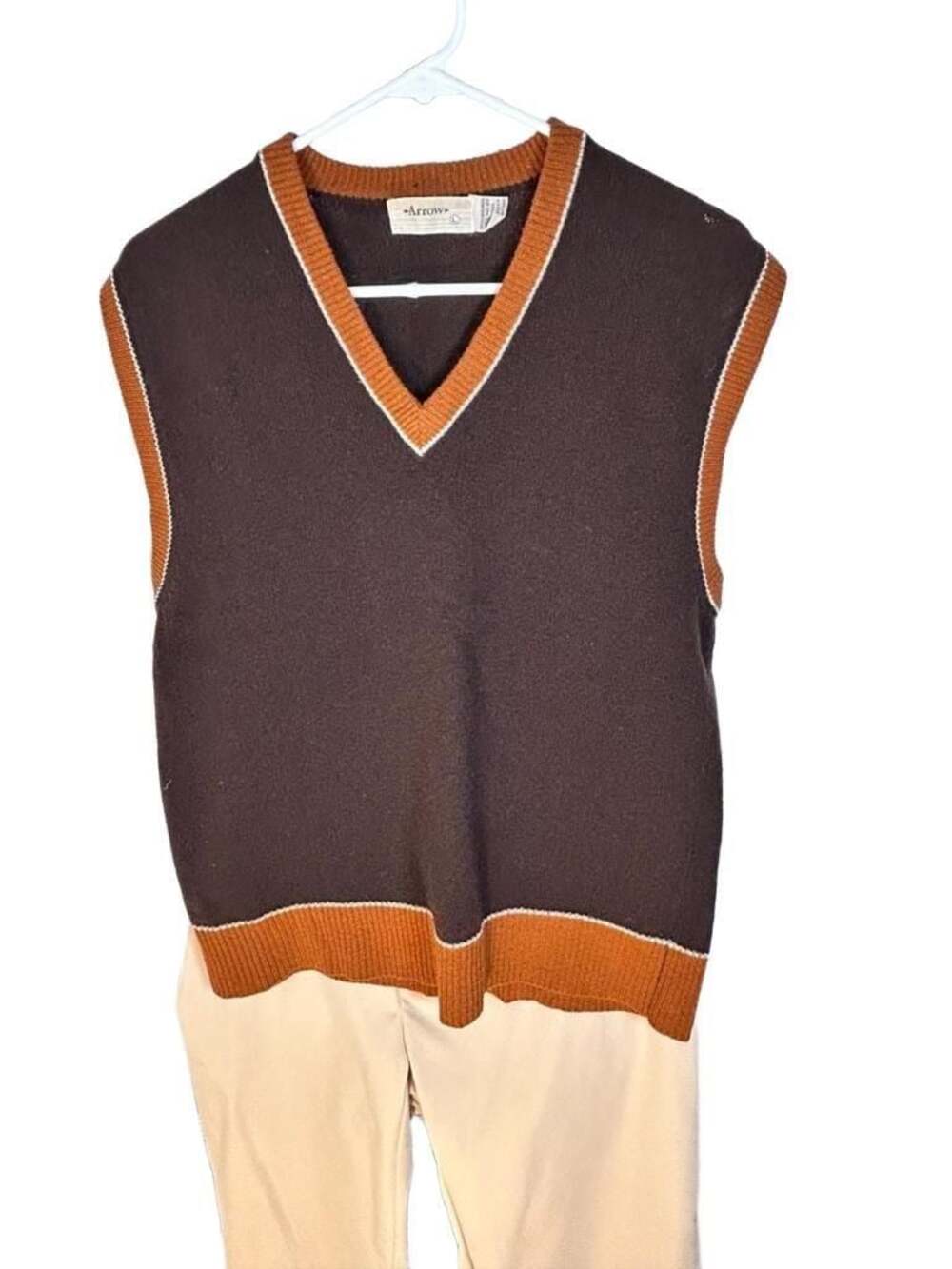Vintage Arrow 100% Lambswool V-Neck Sweater Vest Brown and Burnt Orange